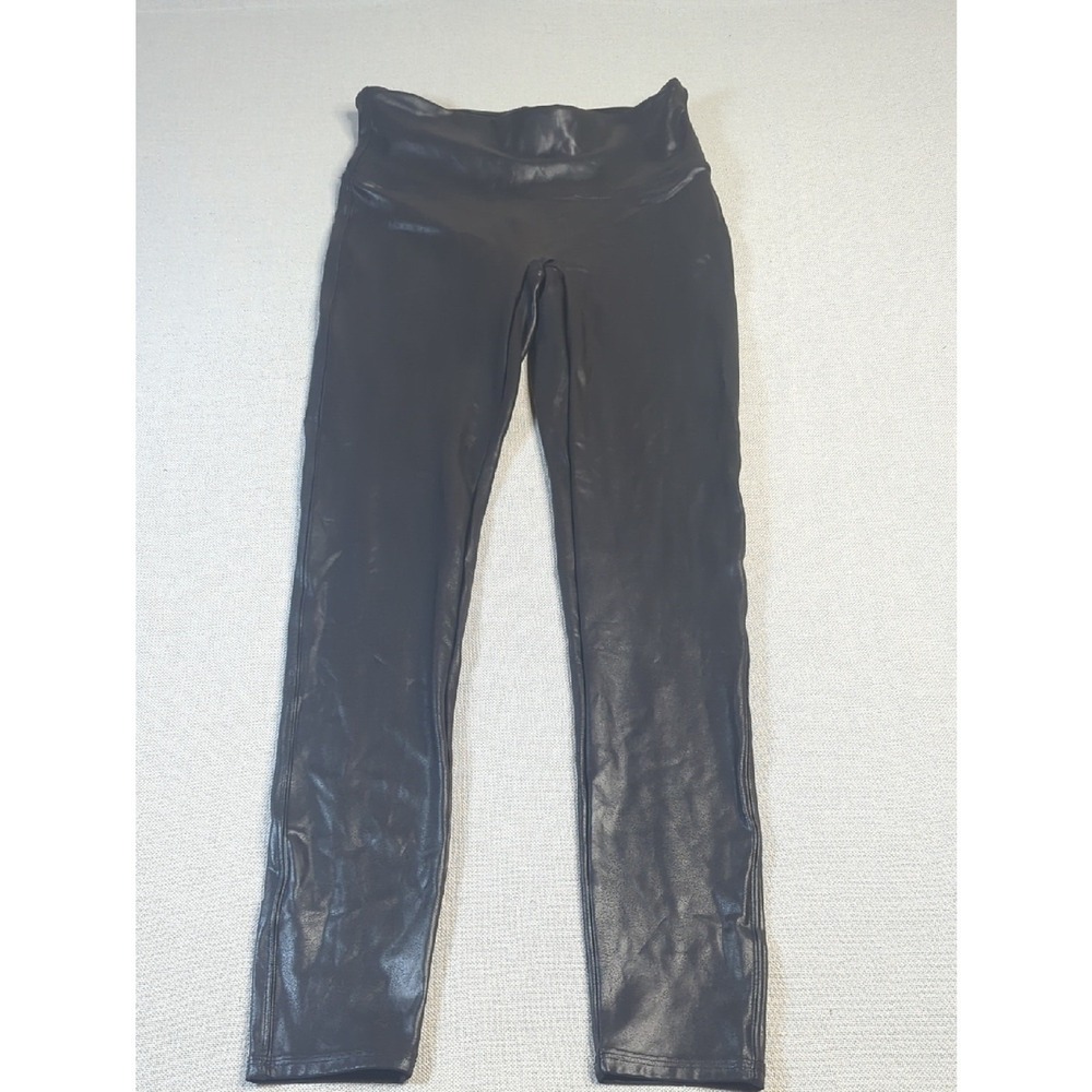 SPANX Black‎ Faux Leather Leggings Size M High Rise Shaping Sleek